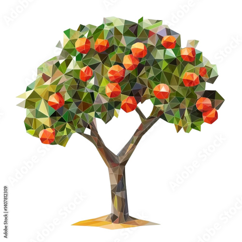 Low polygon art of a fruit tree laden with oranges on a black background