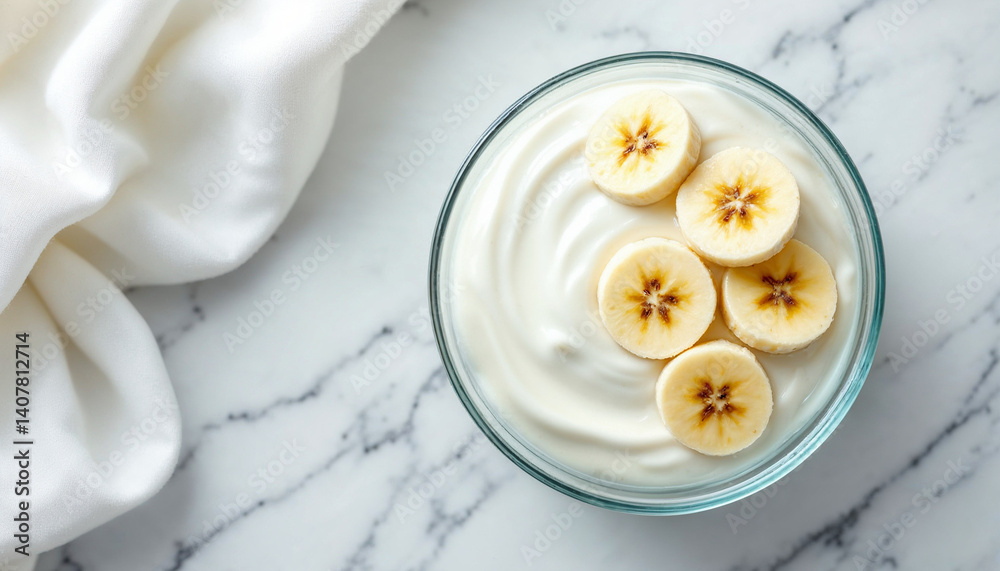 A clear bowl of creamy yogurt with banana slices on a marble surface.