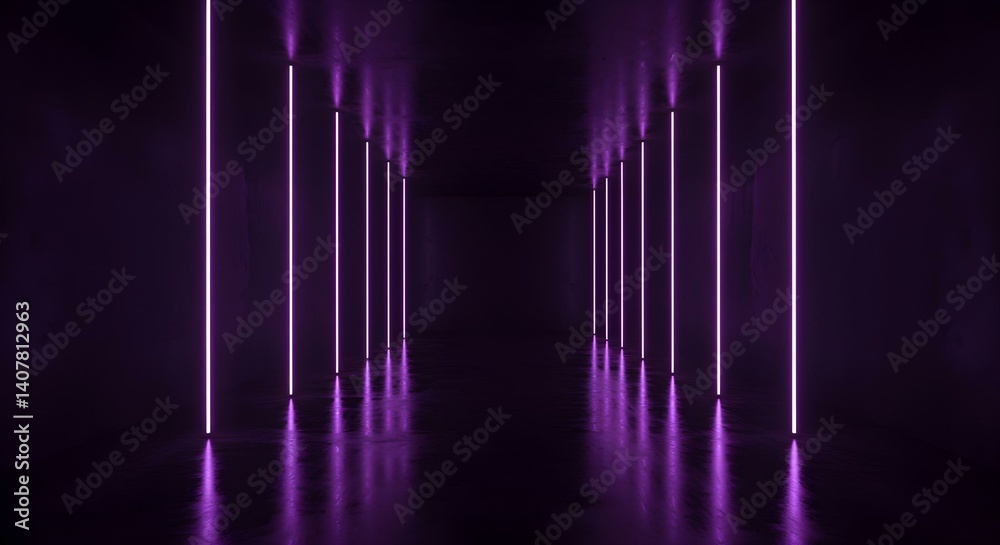 Naklejka premium A dark corridor is lit by glowing neon purple lights, creating an abstract and futuristic scene.
