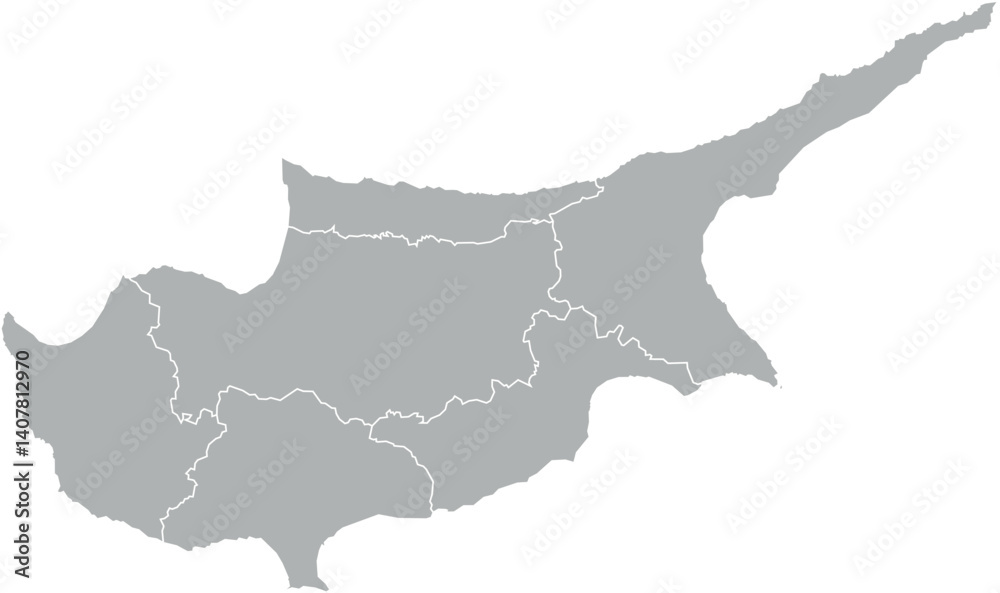 Naklejka premium Vector map of Cyprus in gray with white borders of administrative regions. Political subdivision map, simplified and minimalistic style.