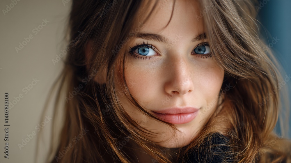 Stunning portrait of a woman, her beautiful blue eyes captivating the viewer. Her hair gently frames her face Stunning portrait of a woman, her beautiful blue eyes captivating the viewer. Her hair gently frames her face