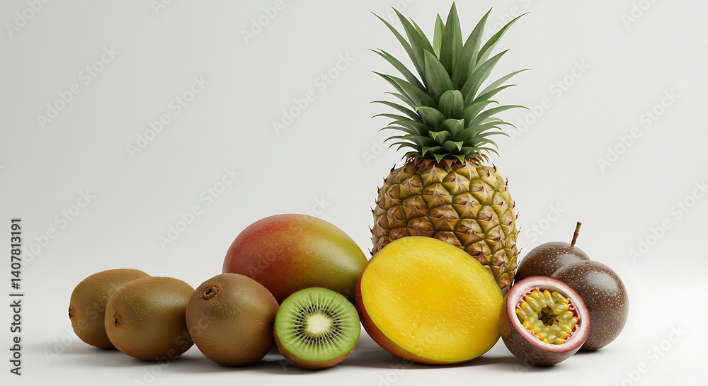 Fresh tropical fruits (pineapple, mango, kiwi) isolated on white background, studio photography style Fresh tropical fruits (pineapple, mango, kiwi) isolated on white background, studio photography style