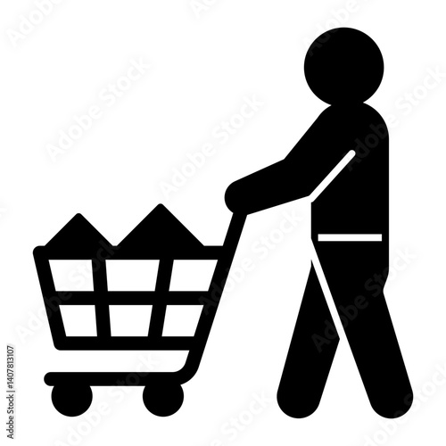 Man with shopping cart solid icon, consumer cart concept. Vector graphics. Shopper and trolley sign on white background, glyph style mobile or design.
