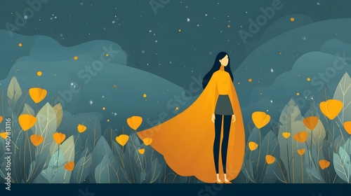 A woman in a red cape stands in front of a field of flowers
