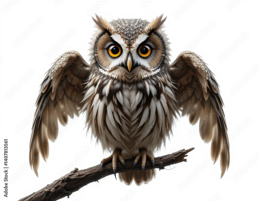 Obraz premium Small Owl with Yellow Eyes Perched on Branch, Isolated