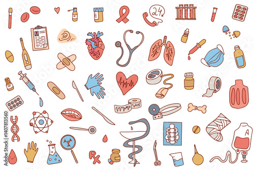 Hand drawn set of nurse icons and medical supplies doodle. Hand drawn healthcare and medical items. Medicines and medical products and devices.