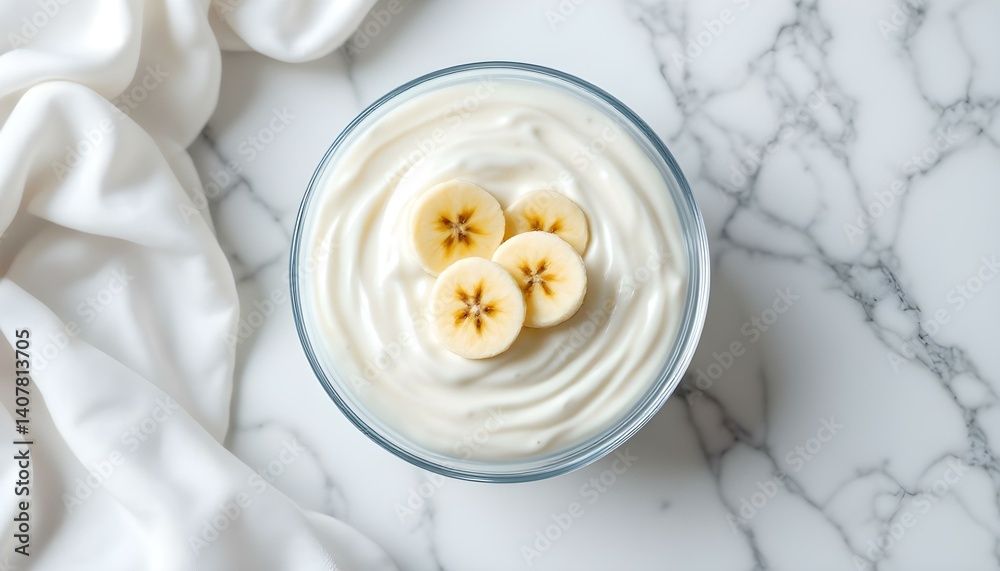 Overhead shot of creamy yogurt with banana slices on a marble table with soft white cloth.