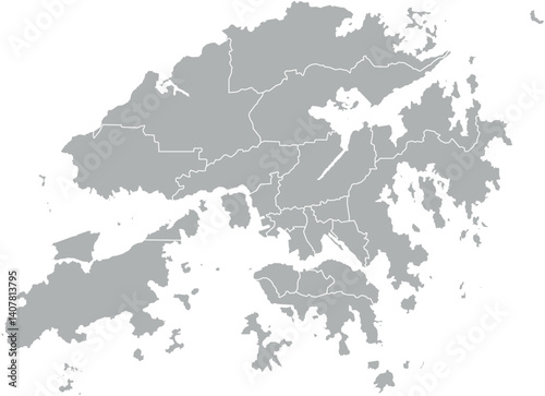 Vector map of Hong Kong in gray with white borders of administrative districts. Minimalist political subdivision map.


