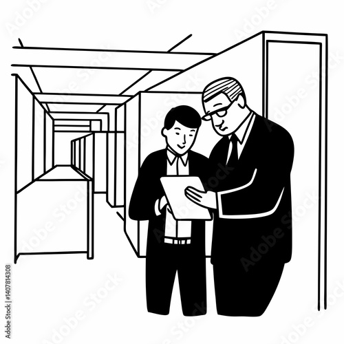 Line Art Mature boss and young business man working together using digital tablet in office hall