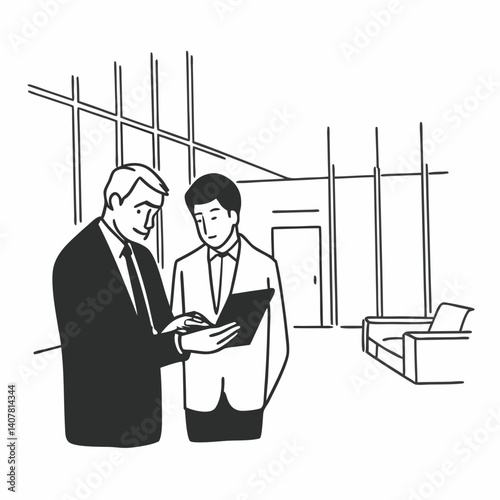 Line Art Mature boss and young business man working together using digital tablet in office hall
