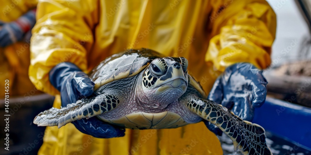 A marine conservationist holds a green sea turtle in their hands. The vibrant yellow raincoat showcases the importance of wildlife protection. Ideal for educational and documentary purposes. AI