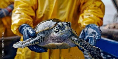 Obraz na płótnie A marine conservationist holds a green sea turtle in their hands. The vibrant yellow raincoat showcases the importance of wildlife protection. Ideal for educational and documentary purposes. AI w salonie