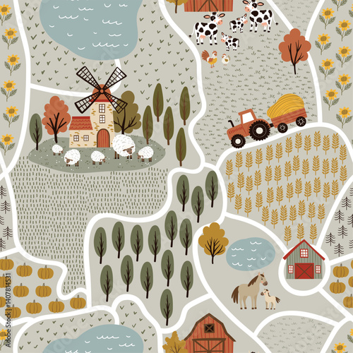 Vector seamless pattern in flat children's style with a farm map composition. Features tractor, sheep, cows, horses, sunflower fields, and trees. Perfect for kids’ designs, prints, and games.