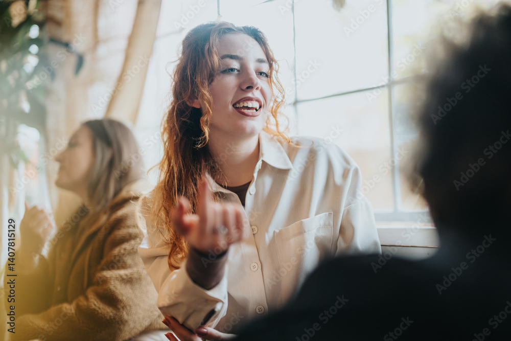 Friendly woman engaging in a cheerful discussion with her friends at a cafe. The natural lighting and casual setting make the atmosphere welcoming and warm.