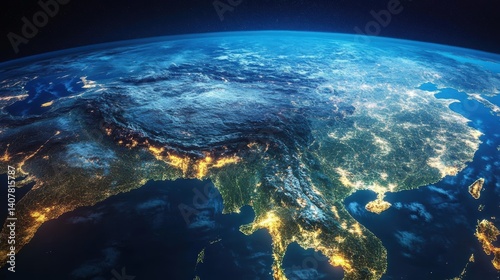Planet earth showing china, india, and southeast asia at night