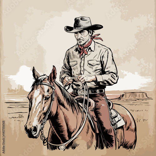 Vintage Western Cowboy on Horseback – Classic Rodeo Sketch with Lasso and Hat in Rustic Style