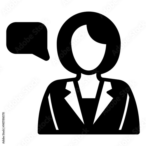 Tour guide woman solid icon, exhibition concept. Vector graphics. Girl with small talk bubble, person sign on white background, glyph style mobile or design.