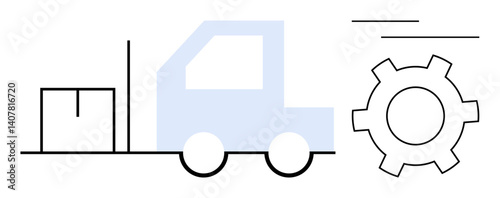 Cargo box near streamlined truck paired with a gear symbolizing logistics, automation, and process efficiency. Ideal for supply chain, shipping, delivery, warehouse management, industrial workflow