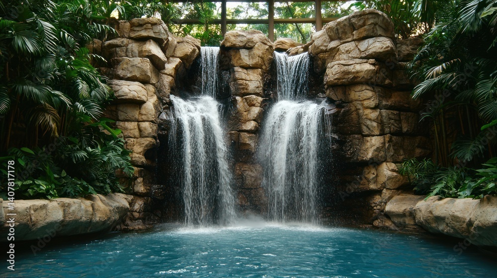 Fototapeta premium Indoor waterfall cascading into pool, tropical garden backdrop