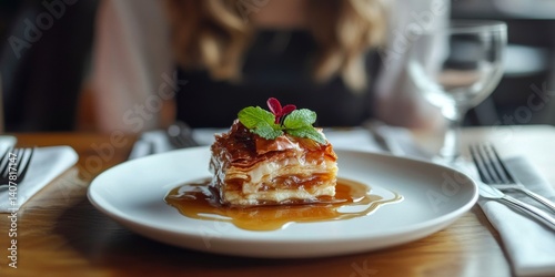 Obraz na płótnie A delicious dessert beautifully plated on a white dish. It features layers of pastry topped with a caramel glaze and fresh mint. Perfect for food lovers and photography. AI. w salonie