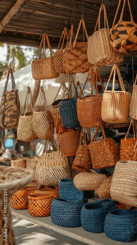 A variety of handcrafted woven baskets and bags for sale.