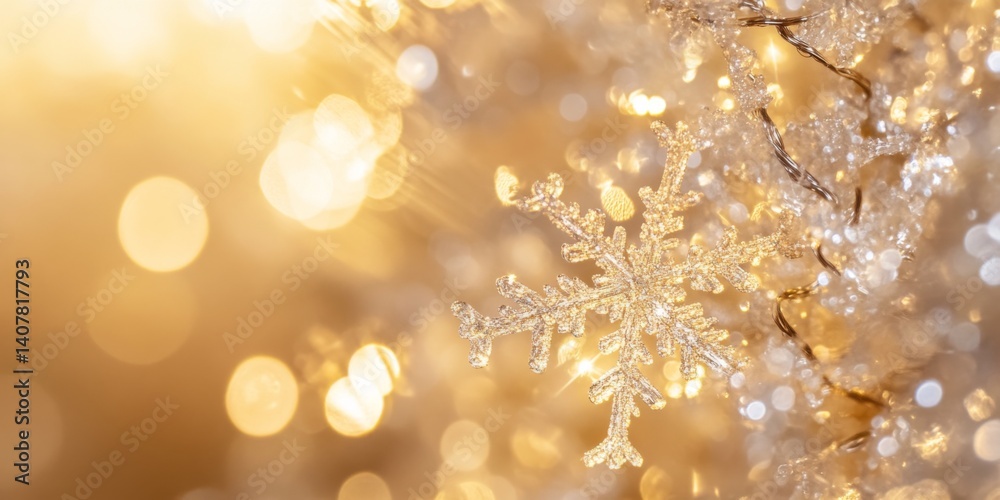 This stunning image captures a delicate snowflake adorned with shimmering lights. The warm golden glow enhances the beauty of winter. Perfect for holiday themes or seasonal designs. AI
