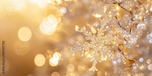 Obraz na płótnie This stunning image captures a delicate snowflake adorned with shimmering lights. The warm golden glow enhances the beauty of winter. Perfect for holiday themes or seasonal designs. AI w salonie