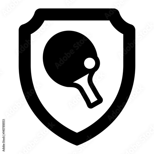 Emblem with tennis racket and ball solid icon, table tennis concept. Vector graphics. Shield and racket, badge sign on white background, glyph style mobile or design.