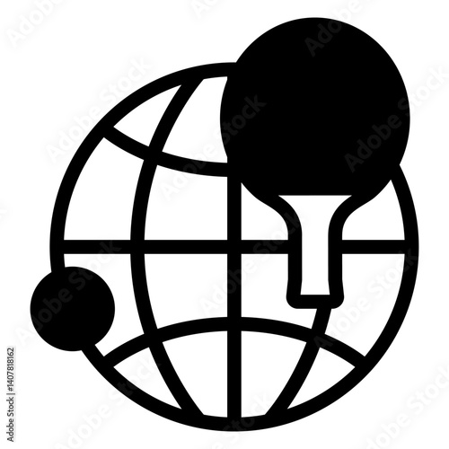 Globe with tennis racket and ball solid icon, table tennis concept. Vector graphics. World tournament, planet sign on white background, glyph style mobile or design.