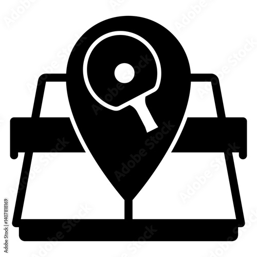 Tennis table with location pin solid icon, tennis sport concept. Vector graphics. Tennis racket and map pointer, club sign on white background, glyph style mobile or design.