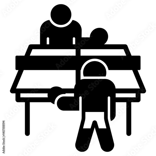 Tennis players and table solid icon, tennis competition concept. Vector graphics. Men playing tennis, sport sign on white background, glyph style mobile or design.
