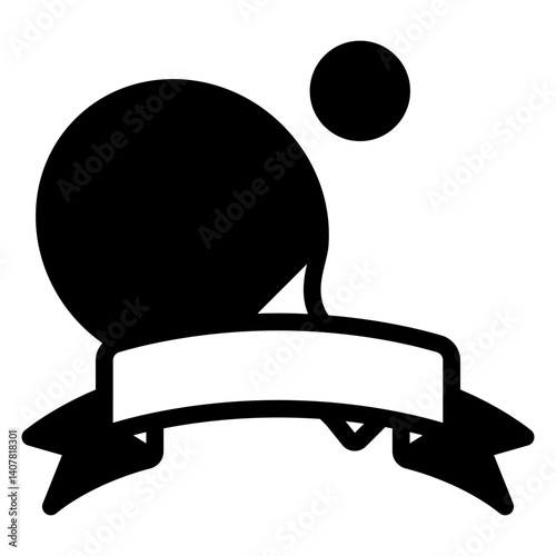 Racket, ball and ribbon tape solid icon, table tennis concept. Vector graphics. Tennis badge, sport sign on white background, glyph style mobile or design.