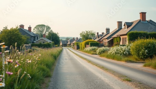 Picturesque Village Road Charming Houses and Blooming Wildflowers A tranquil summer scene