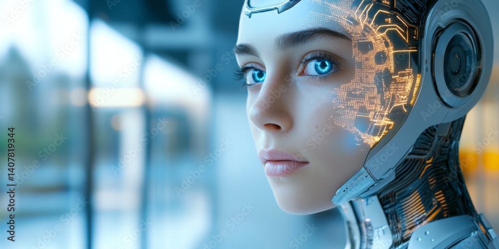 A futuristic female robot with blue eyes gazes thoughtfully into the distance. This image captures the blend of technology and human features. Ideal for technology themes. AI