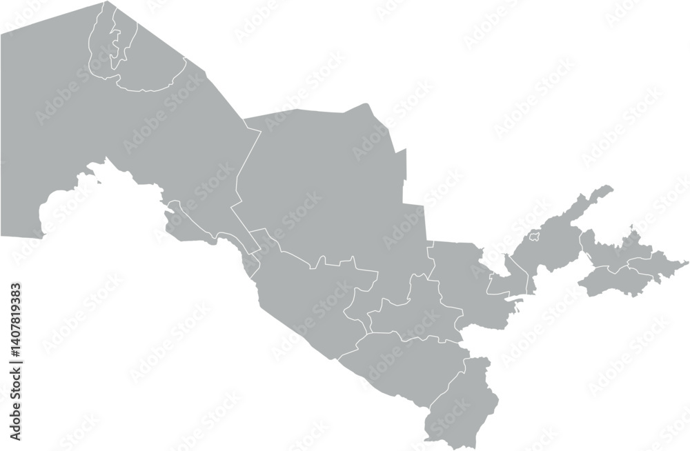 Fototapeta premium Vector map of Uzbekistan in gray with white borders of regions. Minimalist political subdivision map.