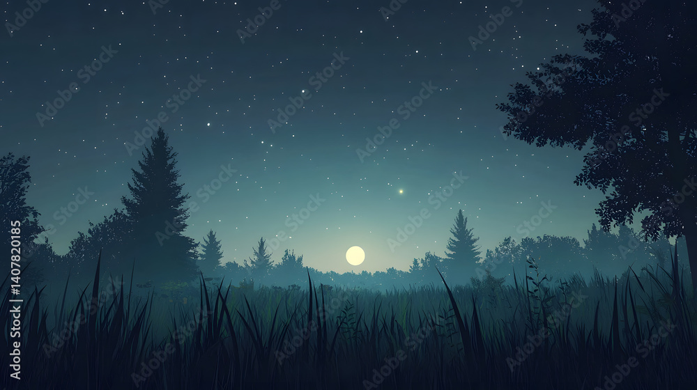 Fototapeta premium Night Forest Moon: Serene moonlit night in a mystical forest, trees silhouetted against a starlit sky, creating a tranquil and mysterious atmosphere.