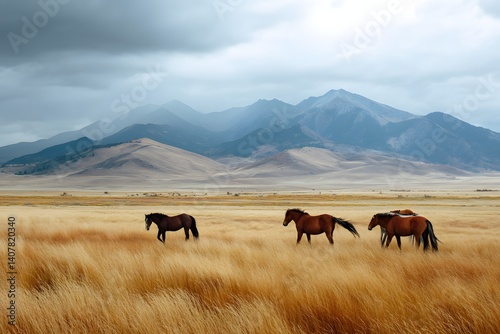 Highland grass plains with wild horses photo