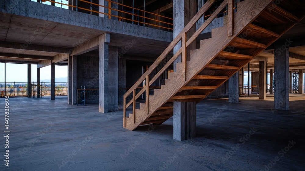 Obraz premium Wooden stairs in unfinished concrete building interior with construction site view