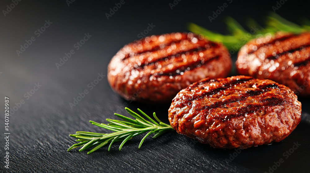 Obraz premium Grilled patties with fresh herbs create delicious fast food experience