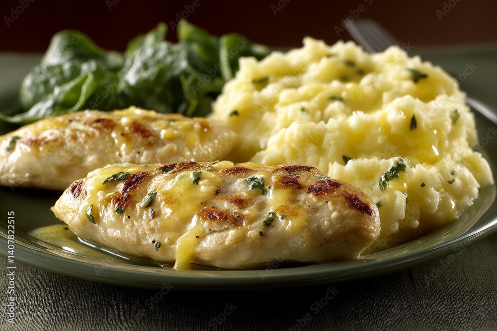 Delicious grilled chicken served with creamy mashed potatoes and fresh spinach on a green plate at a cozy dining setting Delicious grilled chicken served with creamy mashed potatoes and fresh spinach on a green plate at a cozy dining setting