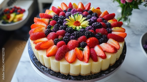 A creamy cheesecake topped with an assortment of fresh berries, including raspberries, blueberries, and blackberries, served on a gray plate.