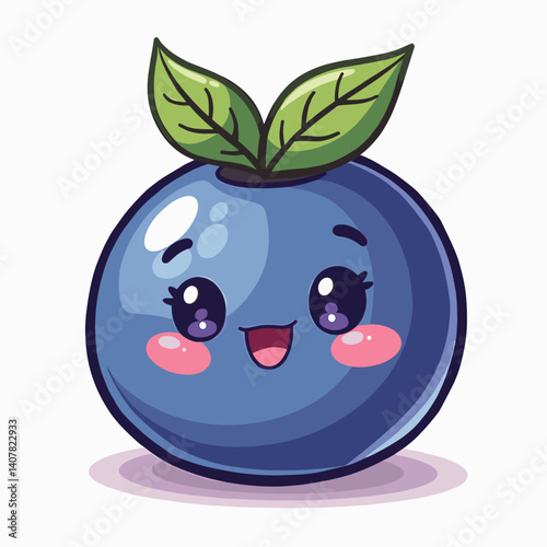 Cute cartoon blueberry with leaves smiling brightly  