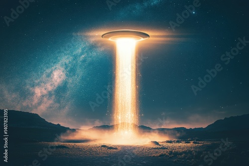 A mysterious UFO hovering over a quiet countryside, casting a glowing beam of light with copy space. Soft eerie light. Starry night sky background. photo