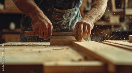 Carpenter constructing a wooden door frame on a construction site. Featuring craftsmanship and focus