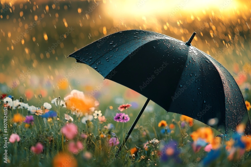 A black umbrella stands in a colorful flower field during a rain shower. The scene captures the beauty of nature and the contrast of rain and sunshine. Perfect for nature and rainy day themes. AI