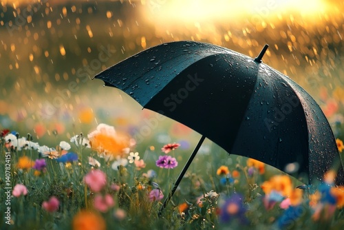 Obraz na płótnie A black umbrella stands in a colorful flower field during a rain shower. The scene captures the beauty of nature and the contrast of rain and sunshine. Perfect for nature and rainy day themes. AI w salonie