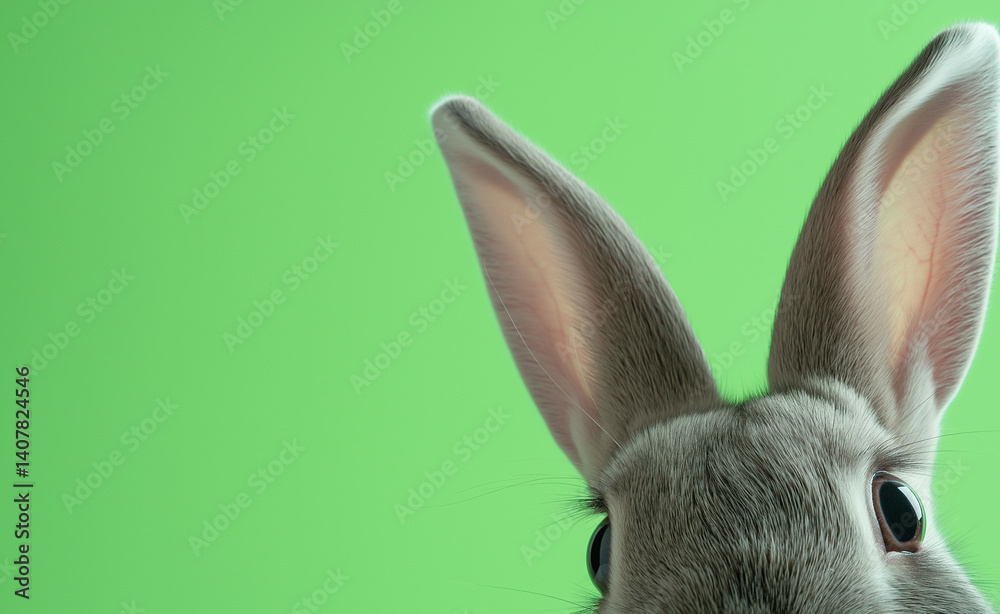White rabbit with tall ears peeking from the bottom of a green background, symbolizing curiosity, cuteness, and playful surprise.