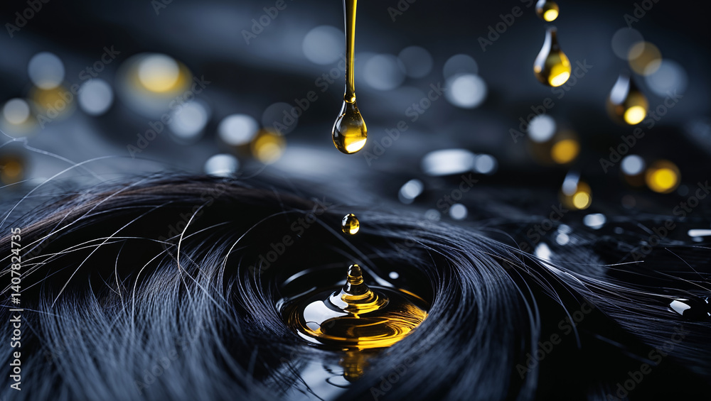 close up dark hair, oil drops, hair care concept