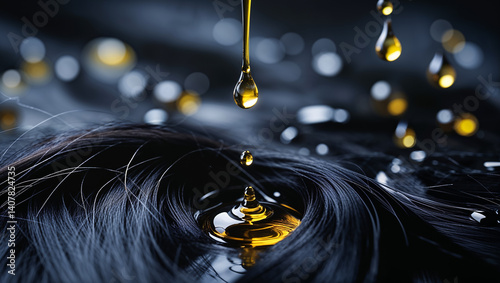 Obraz na płótnie close up dark hair, oil drops, hair care concept w salonie