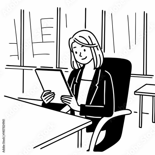 Line Art Nice-looking young caucasian businesswoman using tablet at the desk in modern office